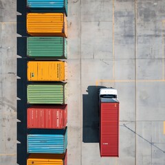 Naklejka premium Aerial top view of colorful shipping containers arranged in industrial port with a white truck loading cargo, representing logistics, transportation, trade, and global freight distribution system effi