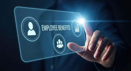 Innovative Employee Benefits Concept: Man Interacting with Digital Interface Displaying Perks, Growth, and Teamwork for HR and Business Solutions