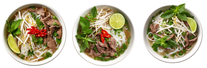 Three bowls of Vietnamese pho noodle soup with beef and fresh herbs isolated on a transparent background