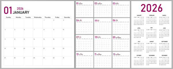 2026 Calendar Planner | Vector annual or monthly page layout for wall, desk calendar with week starts on Sunday | Modern calendar with eminence colour
