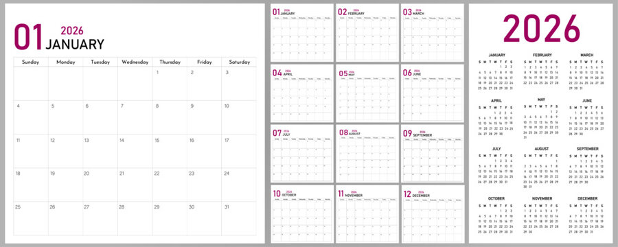 2026 Calendar Planner | Vector annual or monthly page layout for wall, desk calendar with week starts on Sunday | Modern calendar with eminence colour
