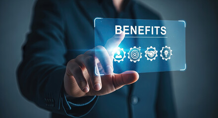 Employee Benefits Concept: Businessman Touching Digital Screen with Icons for Healthcare, Retirement, and Perks. Modern Corporate Strategy