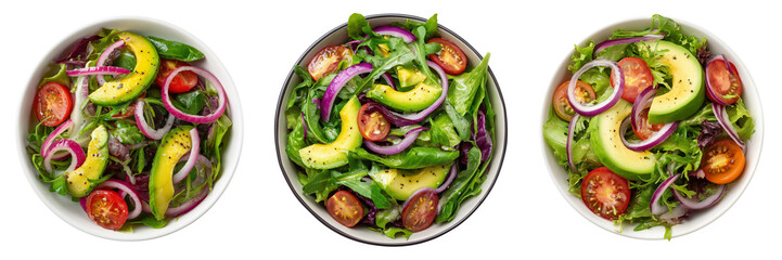 Three bowls of fresh salad with avocado tomato and red onion on white isolated on a transparent background