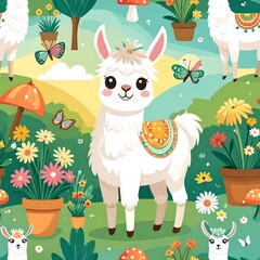 Naklejka premium Cute llama in a garden pattern