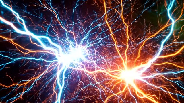 Dynamic electric discharge with blue and orange lightning bolts intersecting in a dark background