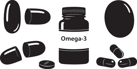 Omega-3 fish oil supplements capsules pills bottle health icons silhouette collection vector