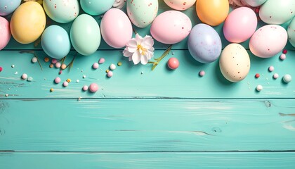 Pastel Easter Eggs on Aqua-colored Wooden Surface