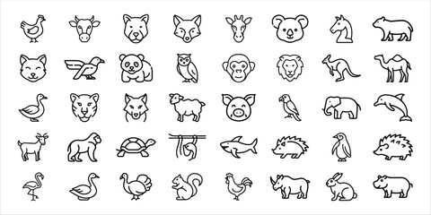 Collection of hand drawn animal icons in a grid format