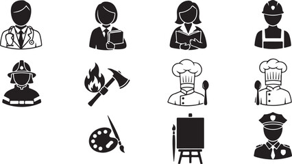 Diverse simplified career icons representing professions job opportunity human resources and work concepts vector