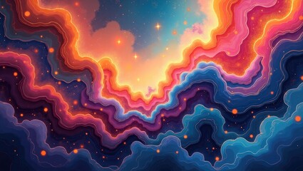 Vibrant, abstract image showcasing swirling layers of color resembling clouds and cosmic patterns, featuring shades of blue, orange, pink, and purple with scattered glowing orbs creating a dreamy,...