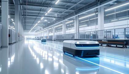 Autonomous mobile robots navigate a modern, brightly lit factory floor with blue light trails, showcasing advanced industrial automation.