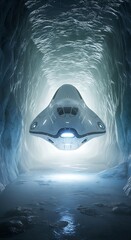 Futuristic Submersible Navigating Icy Underwater Cave with Bright Light.