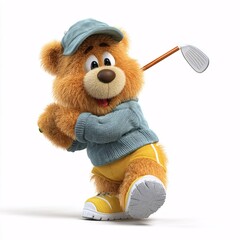Cute Cartoon Bear Playing Golf on White Background in 3D Style