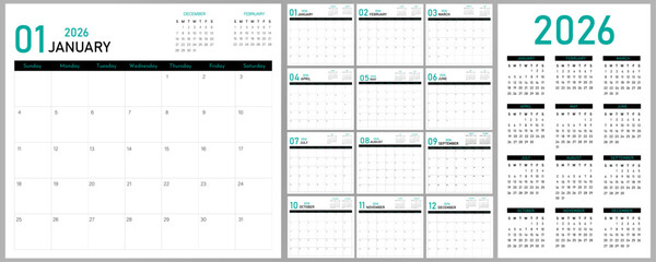 2026 Calendar Planner | Template of Monthly Page, Annual | Vector layout for wall, desk calendar with week starts on Sunday | Modern calendar with previous and next month info. and black header