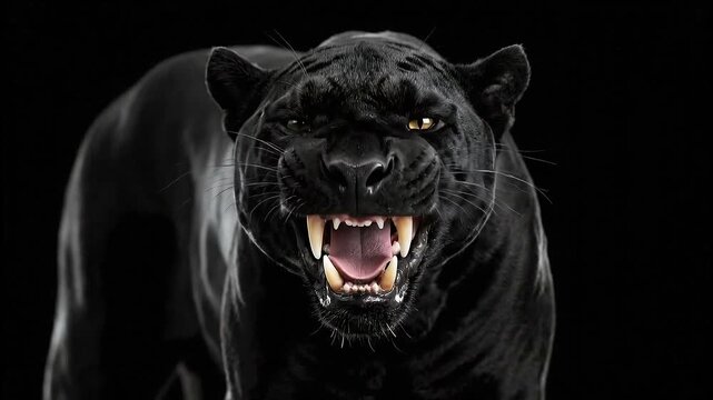 Ferocious Black Panther Roaring with Open Mouth and Sharp Teeth on Black Background.