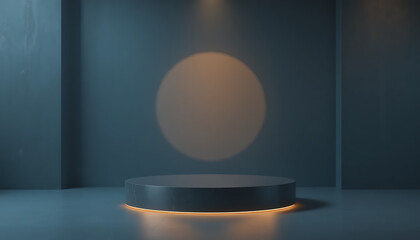 Minimalist dark stage with spotlight illuminating an oval shape above a podium