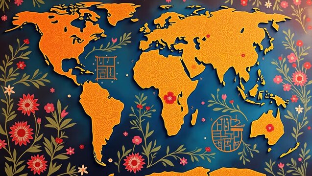 Floral world map design showcases continents in gold against a gradient blue background, with decorative flowers and leaves, embodying travel and global exploration with a decorative and artistic...
