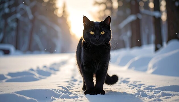 Fototapeta A majestic black cat gazes towards the viewer on a snow-covered trail