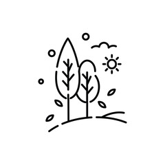 Two trees stand on a small hill under the sun with leaves and circles floating around