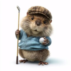 Cartoon Beaver Playing Golf in 3D Style on a White Background
