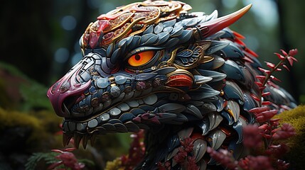 A detailed close-up of a mythical dragon's head with glowing orange eyes and intricate scales, set against a blurred forest background.