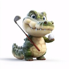 3D Cartoon Crocodile Holding Golf Club and Ball on White Background