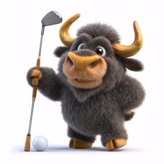 Cute Cartoon Buffalo Golfing with a Club and Golf Ball on White Background