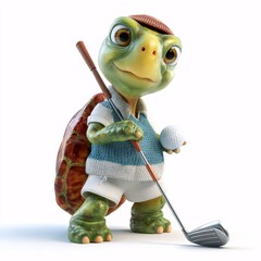Cartoon Turtle Playing Golf on a White Background in 3D Clipart