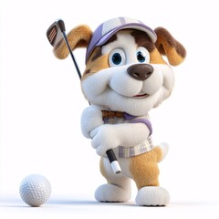 Cute Cartoon Dog Playing Golf in 3D Clipart Style on White Background 