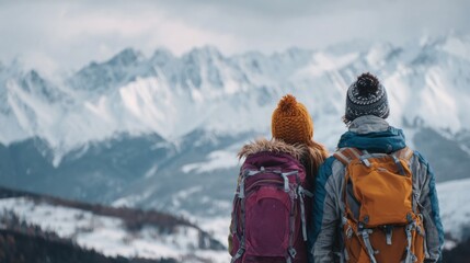 couple enjoying winter mountain scenery,