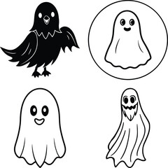 Cute Halloween ghosts and pumpkins create a festive spooky season vibe for decorations and seasonal designs
