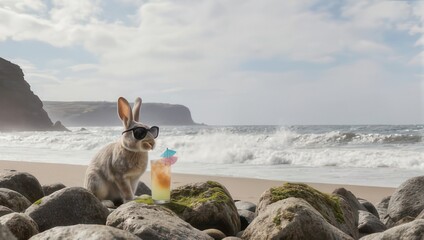 Rabbit with sunglasses sipping a cocktail on a sun-kissed beach near the ocean waves