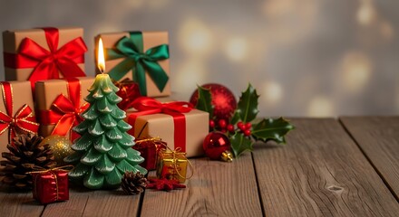 Festive Christmas Still Life with Gifts and Candle.