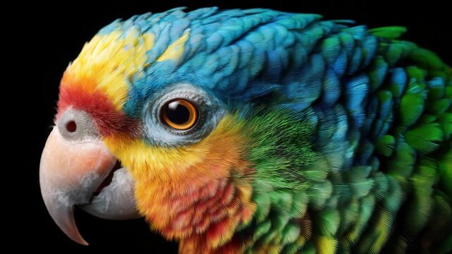 Vibrant parrot video showcasing colorful plumage and intense gaze, perfect for nature documentaries and tropical wildlife promotions