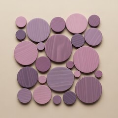 Abstract Arrangement of Purple Wooden Discs on Beige Background.