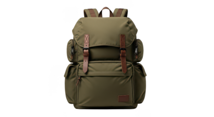 Classic Olive Green Backpack With Brown Leather Straps