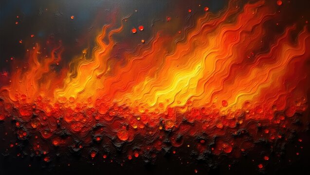A vibrant and dynamic artistic composition features an abstract fiery design, dominated by undulating waves and flowing, textured elements.