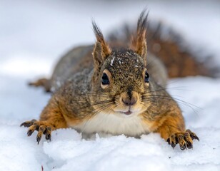 Obraz premium A squirrel, brown and orange fur, rests in the snow, gazing directly at the viewer