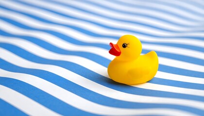 Vibrant yellow rubber duck  with an orange bill, centered on a background of bold, wavy blue and white stripes.