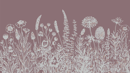 Delicate wildflower silhouette on mauve background, botanical floral illustration for wall art, textile or t shirt design