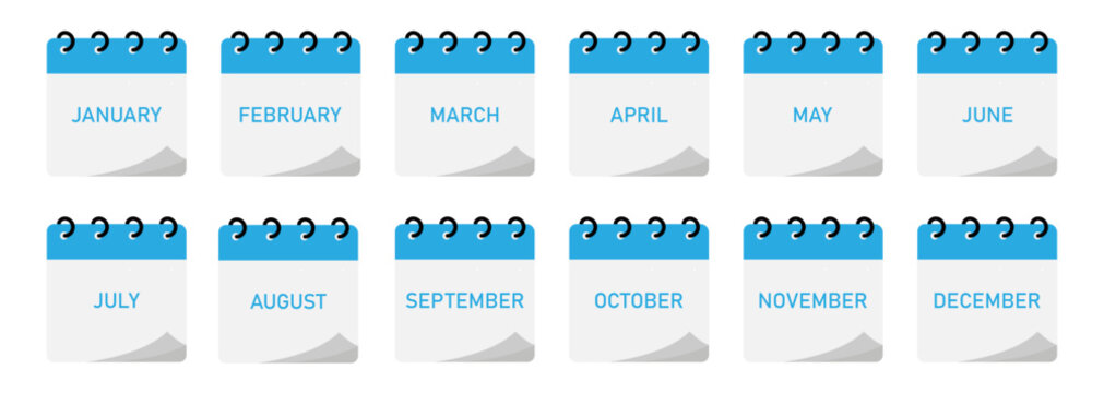 Spiral binding twelve-month calendar demo | 12-month planning calendar diagram with empty space for text with blue header