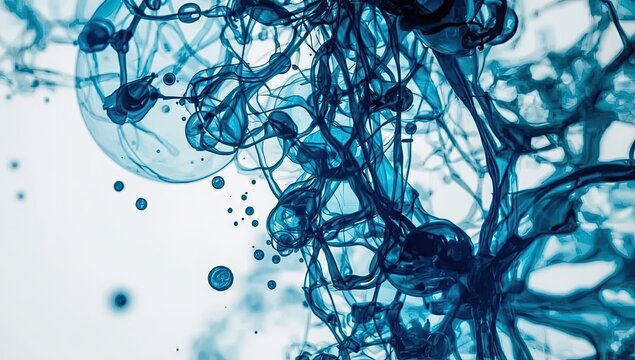 Intricate network of vibrant blue, translucent liquid forms, swirling and interacting against a clean, white background, creating a mesmerizing abstract composition with depth and dimension.