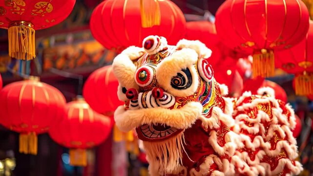 Vibrant Chinese Lion Dance Performance Under Red Lanterns for Lunar New Year.