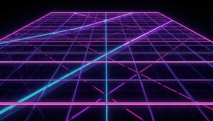 Glowing grid of vibrant neon lines and geometric shapes forms a captivating perspective against a dark background, evoking a sense of futurism and digital artistry, utilizing cool blues and intense...