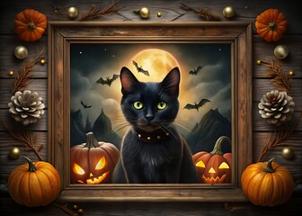 Mysterious black cat framed by spooky halloween decorations and full moon