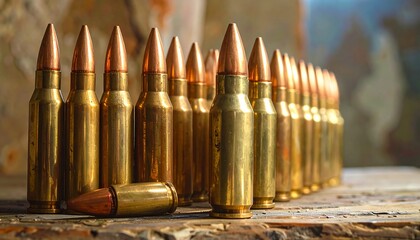 Close-up of a collection of rifle bullets arranged in a row, highlighting the metallic casings and copper tips
