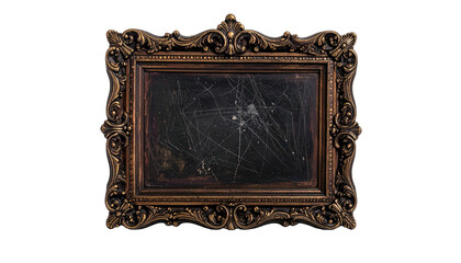 Ornate, golden frame surrounds a scratched, dark-centered rectangle