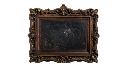 Ornate, golden frame surrounds a scratched, dark-centered rectangle