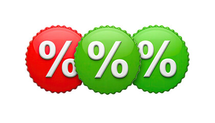 Three colorful, glossy percentage signs in a row, against a black background