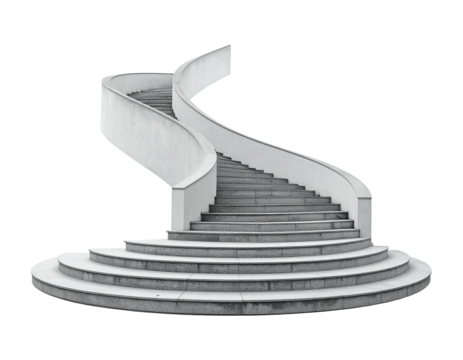 A winding staircase with a curved railing against a black background